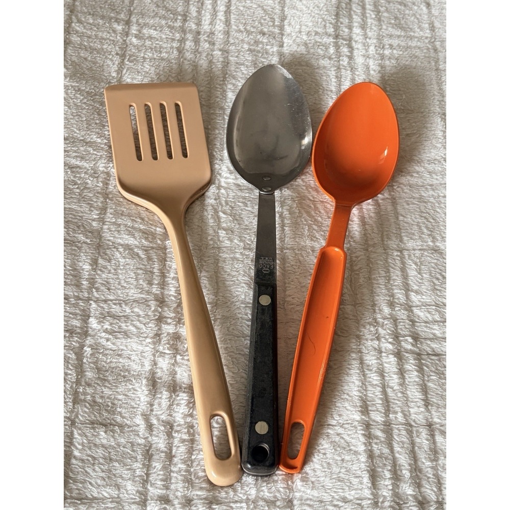 Mixed Lot of 3 Vintage EKCO Kitchen Utensils Black Handles Spoon Spatula Grandma